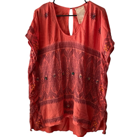 Free People New Romantics oversized Coral embroidered tunic top - Picture 1 of 5